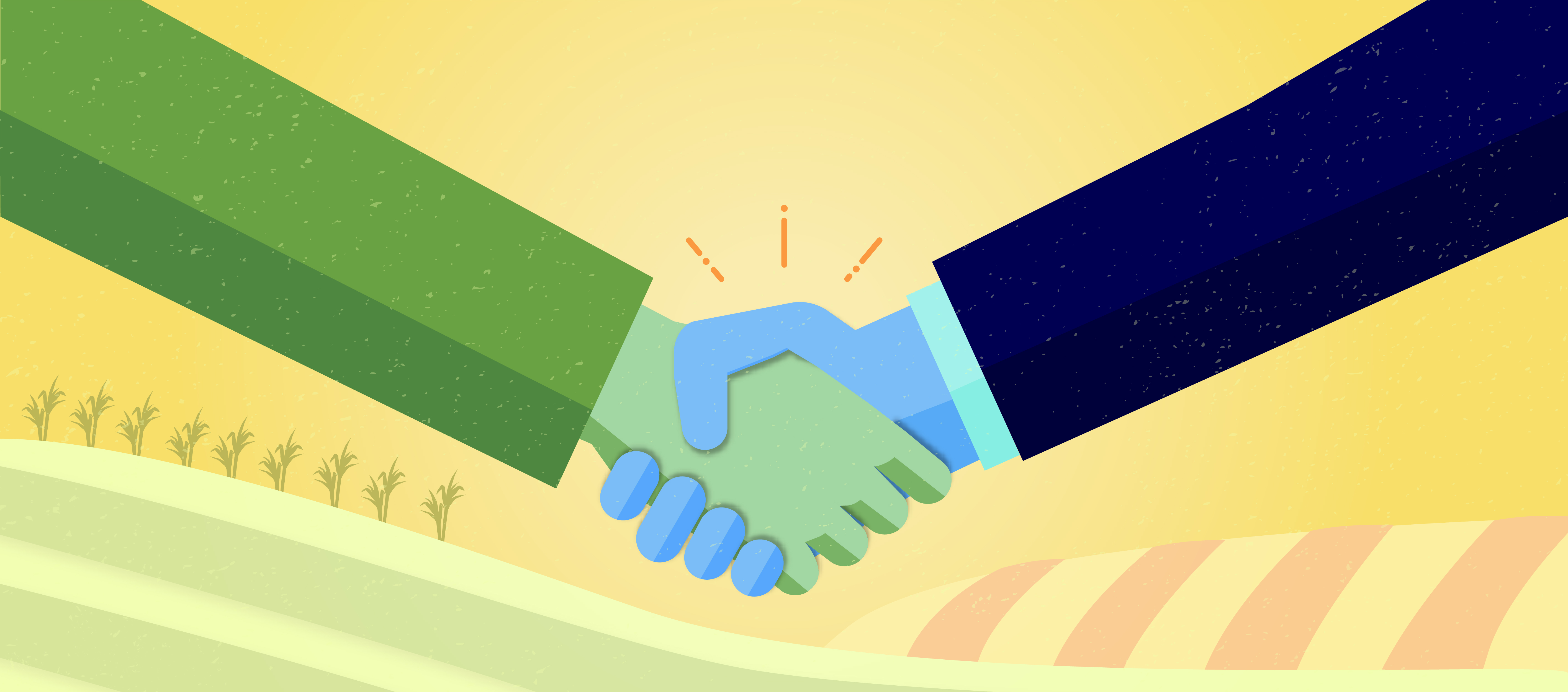 Illustration showing two hands shaking with agricultural fields in the background.